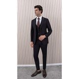 Erkek Likralı Slim Fit Sivri Yaka Yelekli Takım Elbise - 48 - Koyu Kahverengi