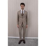 Erkek Likralı Slim Fit Sivri Yaka Yelekli Takım Elbise - 50 - Vizon