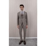Erkek Likralı Slim Fit Sivri Yaka Yelekli Takım Elbise - 52 - Açık Bej