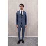 Erkek Likralı Slim Fit Sivri Yaka Yelekli Takım Elbise - 52 - İndigo
