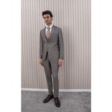 Erkek Likralı Slim Fit Sivri Yaka Yelekli Takım Elbise - 54 - Koyu Toprak