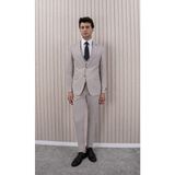 Erkek Likralı Slim Fit Sivri Yaka Yelekli Takım Elbise - 56 - Açık Bej