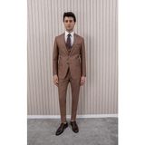 Erkek Likralı Slim Fit Sivri Yaka Yelekli Takım Elbise - 56 - Kiremit