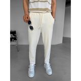 Erkek Loose Fit İpli Esnek Triko Rahat Pantolon Ekru