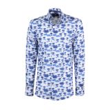 Erkek Mavi Beyaz Slim Fit Palmiye Desenli%100 Keten Gömlek