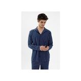 Erkek Mavi Çizgili Pamuklu Kombinli Gömlek Yaka Pijama Takımı - - - 2XL