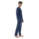Erkek Mavi Çizgili Pamuklu Kombinli Gömlek Yaka Pijama Takımı Mavi Çizgili S