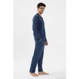 Erkek Mavi Çizgili Pamuklu Kombinli Gömlek Yaka Pijama Takımı Mavi Çizgili XL