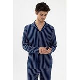 Erkek Mavi Çizgili Pamuklu Kombinli Gömlek Yaka Pijama Takımı - - - XL