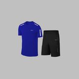 Erkek Mavi Dri-Fit Kumaş Antrenman ve Koşu Için Konforlu Cepli Kısa Kol Tişört Şort Ikili Takım (S-3xl)