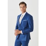 Erkek Mavi Eksta Slim Fit Dar Kesim Mono Yaka Kareli Mavi Takım Elbise