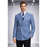 Erkek Mavi Kruvaze Blazer Ceket, Slim Fit, Pamuklu, Uzun Kollu, Astarsız, Beden 54