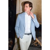 Erkek Mavi Polyester Trend Ekoseli Slim Fit Mono Yaka Ceket