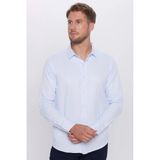 Erkek Modern Fit Dar Kesim Pamuklu Kolay Ütü Armürlü Mavi Gömlek