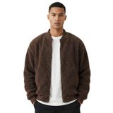 Erkek Mont Peluş İçi Astarlı Oversize Geniş Kalıp Sherpa Kuzu Kumaş Spor Mont (Kahverengi, 2XL)