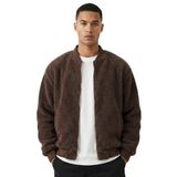 Erkek Mont Peluş İçi Astarlı Oversize Geniş Kalıp Sherpa Kuzu Kumaş Spor Mont (Kahverengi, S)