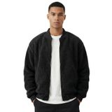Erkek Mont Peluş İçi Astarlı Oversize Geniş Kalıp Sherpa Kuzu Kumaş Spor Mont (Siyah, S)