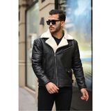 Erkek Napa Deri Çapraz Fermuarlı Içi Full Kürklü Slim Fit Mont & Ceket - Siyah - Beyaz