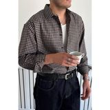 Erkek Oversize %100 Pamuk Ekose Gömlek - Krem
