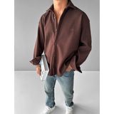 Erkek Oversize Basic Uzun Kollu Kaşe Gömlek Kahverengi