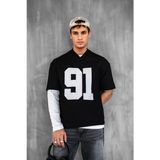 Erkek Oversize Baskılı V Yaka Forma T-Shirt Siyah