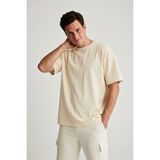 Erkek Oversize Bisiklet Yaka %100 Organik Pamuk Düz Basic Yazlık T-Shirt - Krem - 2XL