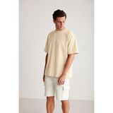 Erkek Oversize Bisiklet Yaka %100 Organik Pamuk Düz Basic Yazlık T-Shirt - Krem