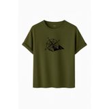 Erkek Oversize Dağ ve Pusula Baskılı Tişört, Gri,%100 Pamuk, Outdoor Macera Temalı, Rahat Kesim (Haki, XL)