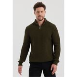 Erkek Oversize Fermuarlı Balıkçı Triko Kazak - Haki - XL
