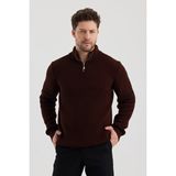 Erkek Oversize Fermuarlı Balıkçı Triko Kazak - Kahverengi - XL