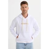 Erkek Oversize Geniş Kesim Pamuklu Baskılı Beyaz Kapüşonlu Sweatshirt