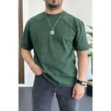 Erkek Oversize Geniş Kesim Yıkamalı Kumaş Nakış Logolu Tişört Yeşil EDW366 - 2XL