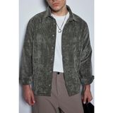 Erkek Oversize Kadife Dokulu Uzun Kollu Gömlek Haki Yeşil