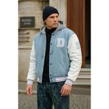 Erkek Oversize Kapşonlu B. Mavi Kot Kolej Ceket - 3XL