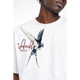Erkek Oversize Kuş Baskılı Beyaz Tişört %100 Pamuk Streetwear