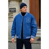 Erkek Oversize Nakışlı Mavi Bol Kot Kolej Ceket - 3XL