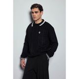 Erkek Oversize Polo Yaka Örgü Desenli Triko Kazak Siyah