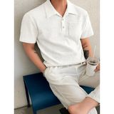 Erkek Oversize Polo Yaka Waffle T-Shirt Poloyaka-Düğmeli - Beyaz