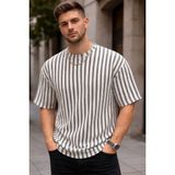 Erkek Oversize Siyah Çizgili Jakar Kumaş Günlük Yazlık Tişört - 0 Beyaz - XL
