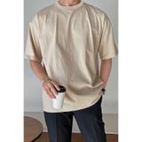 Erkek Oversize Tişört Pamuk Kumaş Bisiklet Yaka Rahat Kalıp T-shirt (Bej, S)