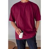 Erkek Oversize Tişört Pamuk Kumaş Bisiklet Yaka Rahat Kalıp T-shirt (Bordo, 2XL)