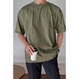 Erkek Oversize Tişört Pamuk Kumaş Bisiklet Yaka Rahat Kalıp T-shirt (Haki, L)