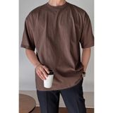 Erkek Oversize Tişört Pamuk Kumaş Bisiklet Yaka Rahat Kalıp T-shirt (Kahverengi, L)