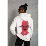 Erkek Oversize Üç İplik Kapüşonlu Sweatshirt – “Don’t Be Terrified” Ön, Sırt Ve Kol Baskılı, Kanguru Cepli, Ribanalı Rahat Model - Beyaz