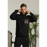 Erkek Oversize Üç İplik Kapüşonlu Sweatshirt –Sırt Ve Ön Baskılı, Kanguru Cepli, Rahat Kalıp Maskot Desenli Model - Siya