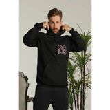 Erkek Oversize Üç İplik Kapüşonlu Sweatshirt –Sırt ve Ön Baskılı, Kanguru Cepli, Rahat Kalıp Maskot Desenli Model - Siyah