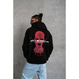 Erkek Oversize Üç İplik Kapüşonlu Sweatshirt – Siyah “Don’t Be Terrified” Ön, Sırt Ve Kol Baskılı, Kanguru Cepli, Ribanalı Rahat Model- Siyah