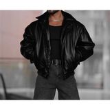 Erkek Oversize Vintage Siyah Deri Ceket - L