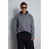 Erkek Oversize Yıkamalı Distressed Triko Kazak Gri