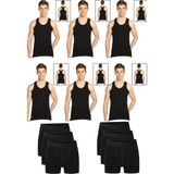 Erkek Pamuklu 6'lı Siyah Sporcu Atlet ve 6'lı Siyah Boxer 12 Parça Set - Siyah - Siyah